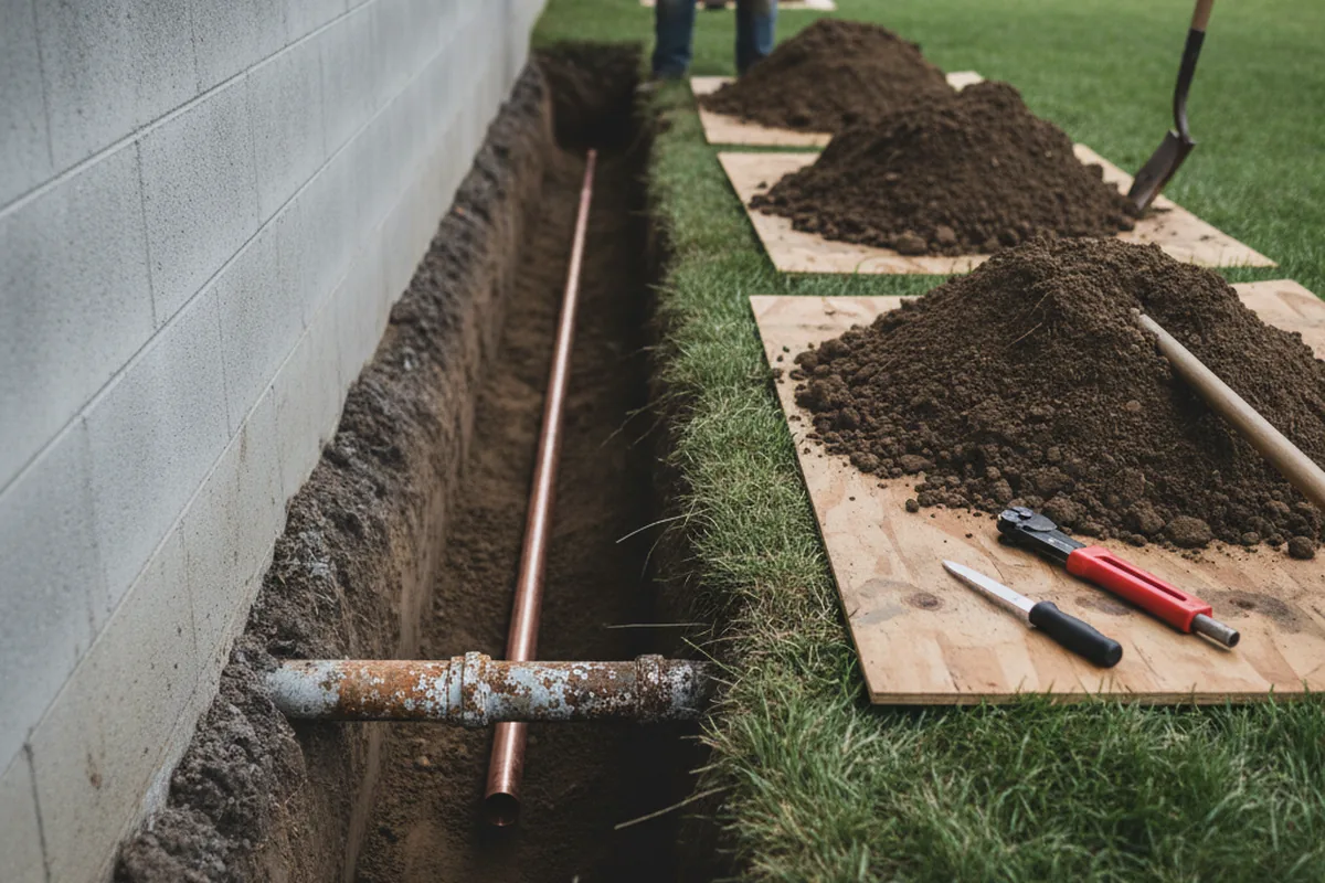 Excavated water line trench during Sewer Line Repair in Runge
